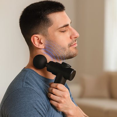Un Homme massant son cou avec un pistolet de massage noir