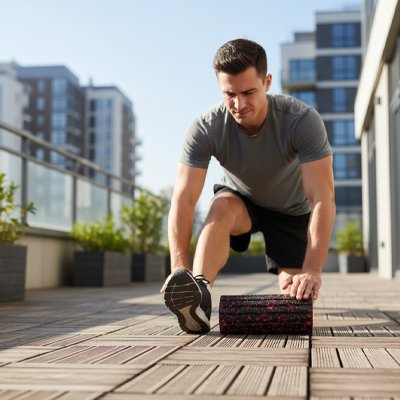 Un homme s'étire la jambe devant un Rouleau de massage. 
