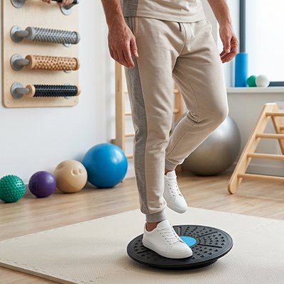 Un homme sur une planche d'équilibre dans une salle,
