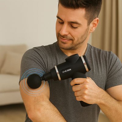 Un Homme utilisant pistolet de massage sur biceps, détente musculaire efficace
