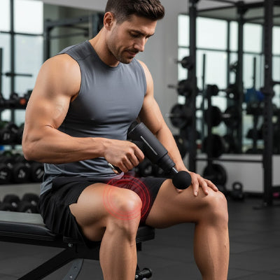 Un Homme massant son genou avec un pistolet de massage en salle de sport.