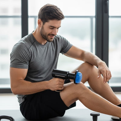 Un Homme souriant utilisant un pistolet de massage sur son genou.