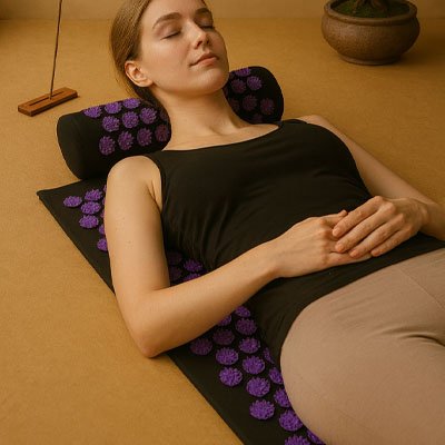 Une Femme allongée paisiblement sur tapis d’acupression noir à fleurs violettes