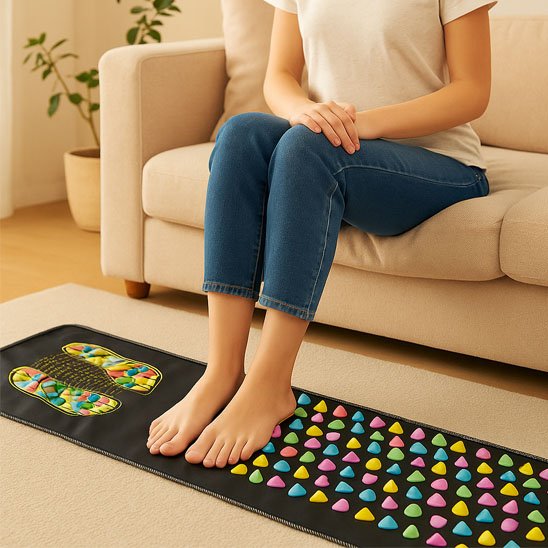 Une Femme assise sur canapé, pieds sur tapis d’acupression.