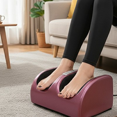 Une femme assise sur canapé utilise appreil masseur  pieds rose