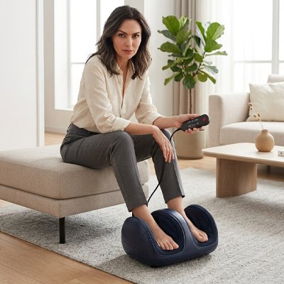 Une Femme assise sur pouf utilisant masseur pieds avec télécommande.