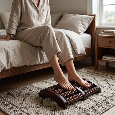 Une femme assise sur son lit utilisant rouleau de massage foncé.