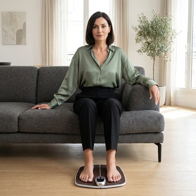 Une femme assise sur un canapé utilise appareil masseur pieds.