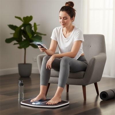 Une Femme assise utilisant un appreil pour massage des pieds avec son smartphone.