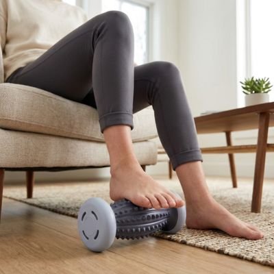 Une femme assise utilise rouleau de massage sous son pied.