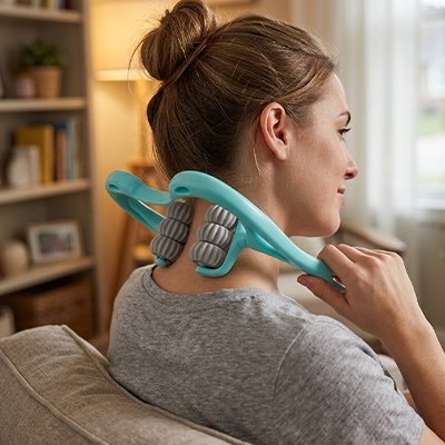 Une femme assise utilise rouleau de massage sur sa nuque.