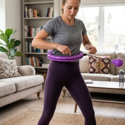 Une femme concentrée un cerceau fitness dans son salon lumineux.