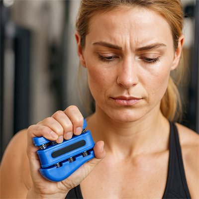 Une femme concentrée utilisant hand grip en salle de sport