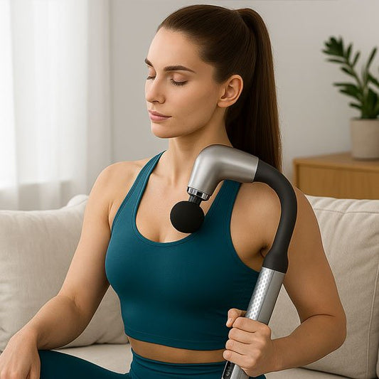 Une femme detendue utilise un pistolet de massage sur son épaule