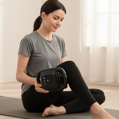 Une Femme massant sa cuisse avec un pistolet de massage assise sur tapis.