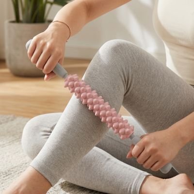 Une femme masse sont mollet avec un rouleau de massage.