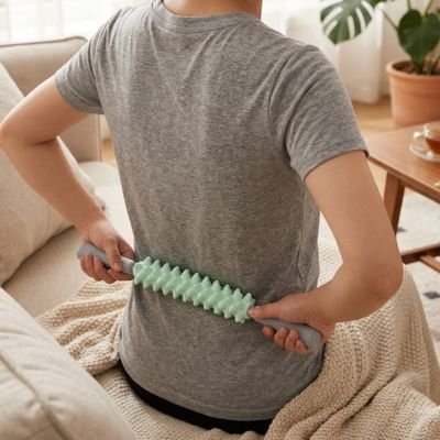 Une femme se masse le dos avec un rouleau de massage.