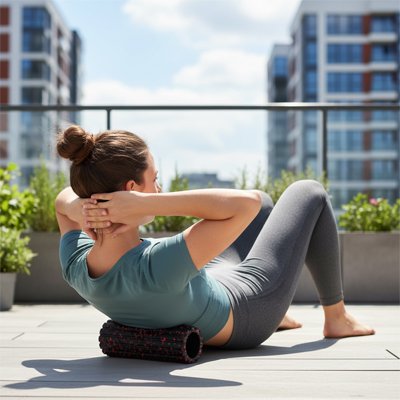Une femme s'étire le dos sur un Rouleau de massage. 