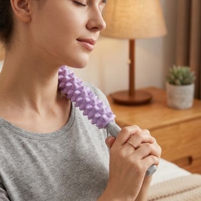 Une femme soulage son cou avec un rouleau de massage.