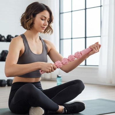 Une Femme sur un tapis tenant un Rouleau de massage