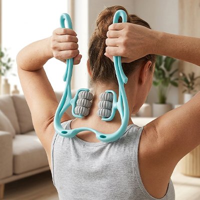 Une femme utilisant un rouleau de massage sur son cou.