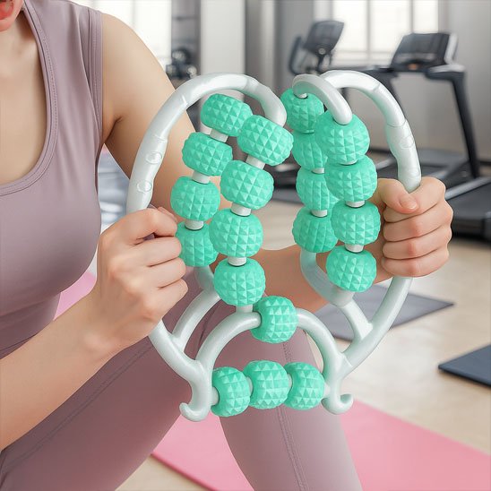 Une femme utilisant un rouleaux de massage dans un gymnase.