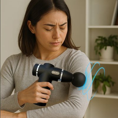 une femme utilisé sur le bras un Pistolet de massage
