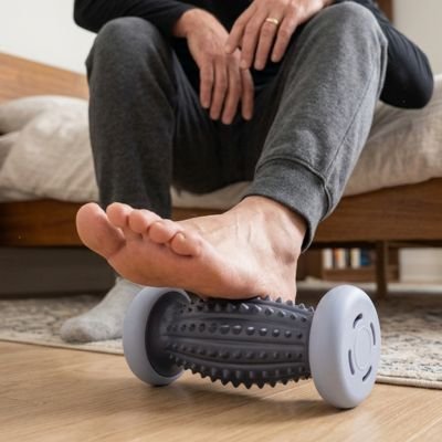 Une personne assise utilise un rouleau de massage pour pied.