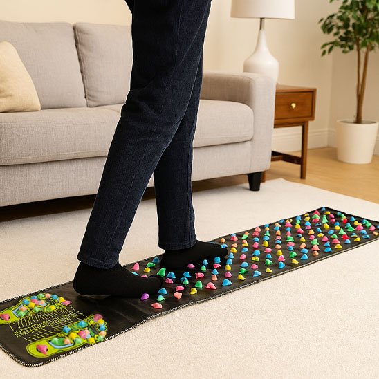 Une Personne marchant sur tapis d’acupression coloré à la maison.