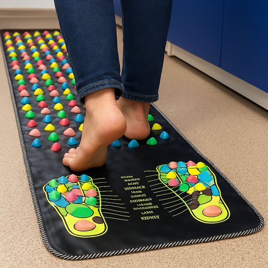 Une Personne marche pieds nus sur tapis d acupression schéma pieds.