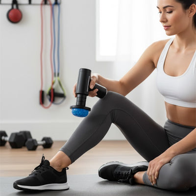 Une Femme assise massant son genou avec un pistolet de massage.