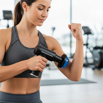 Une Femme massant son biceps avec un pistolet de massage en salle de sport.