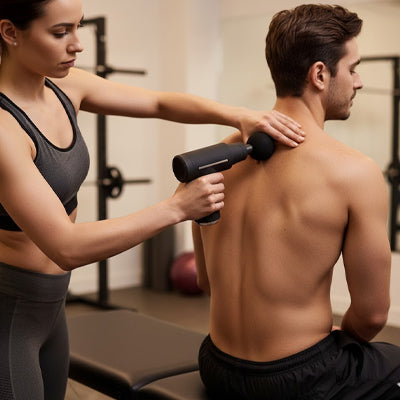 Une Femme utilise un pistolet de massage sur le dos d'un homme assis.