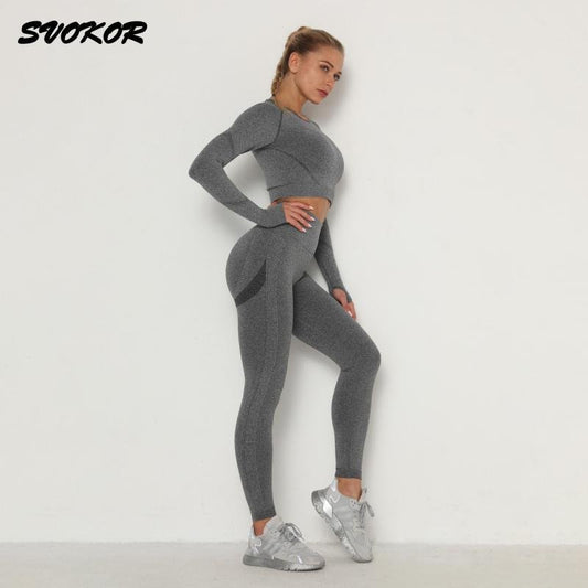 SVOKOR Crop Top Gym Set Seamless Women Yoga Workout Set Fintess Clothing Push Up Leggings Sport Wear Women Suits Tracksuit - SUGABSA
